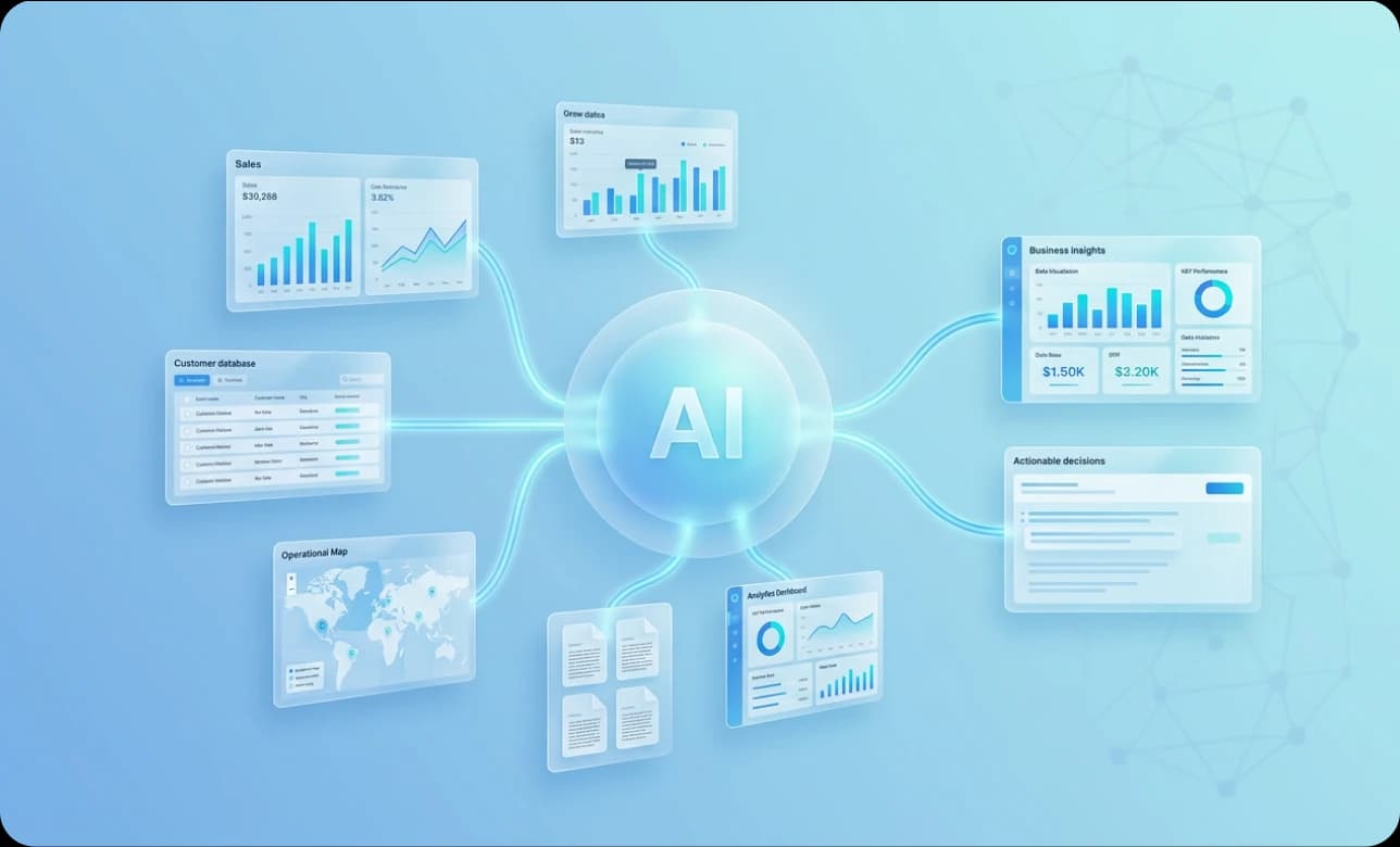 Sales, customer, operations and document data flowing through AI into business insights and actionable decisions